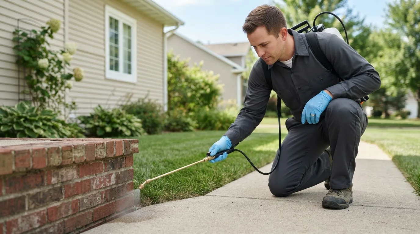 Pest control technician treating a home near Banning, CA